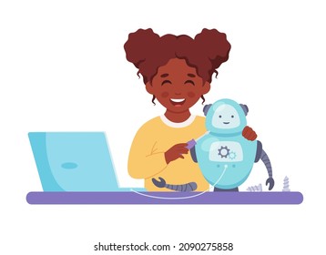 Little Black Girl Building A Robot. Robotics, Programming And Engineering For Kids. Vector Illustration