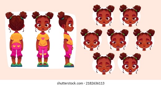 Little black girl cartoon character for animation front, side and rear view. African baby constructor and emotions set, cute toddler face expression sad, happy, cry and angry, Vector illustration