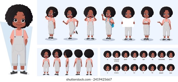 Little Black Girl Character Constructor with Gestures, Actions and Emotions. Child Side, Front, Rear View, with Movable Joints for Animation and Lip-Sync Vector Illustration.