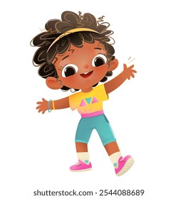 Little black girl dancing or happy move, playful smiling African American child character. Girl character happy emotion cartoon for children. Vector illustration, cute character design for kids.