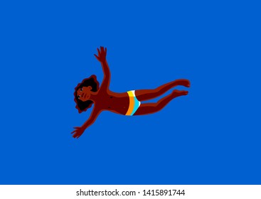 Little black girl dive under the water. Summer holiday bright vector illustration.
