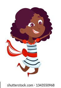 Little black girl jumping for happiness. Cute curly baby in a striped dress with a red ribbon runs to hug mom. Vector illustration in cartoon style isolated on white background.