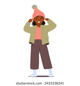 Little Black Girl Places Knit Pink Winter Hat Over Her Curls, Her Eyes Sparkling With Joy Under The Snug, Warm Brim. Cheerful Child Character Prepare for Outdoors. Cartoon People Vector Illustration