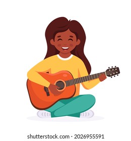 Little Black Girl Playing Guitar. Child Playing Musical Instrument. Vector Illustration