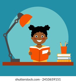 Little black girl reading book on her desk in flat design.