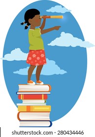 Little black girl in a sailor's shirt standing on a pile of books, looking through a telescope, vector illustration, no transparencies, EPS 8