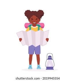Little black girl scout with map, backpack. Camping concept. Summer kids camp. Vector illustration