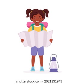 Little black girl scout with map, backpack. Camping concept. Summer kids camp. Vector illustration