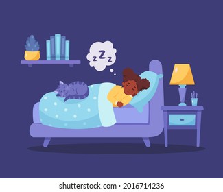 Little black girl sleeping in bedroom with cat. Healthy sleep. Vector illustration