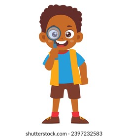 Little Black Kid inspecting through magnifying glass. Little Black boy standing and holding magnifier. Investigation Research Activity Isolated Element Objects. Flat Style Icon Vector Illustration