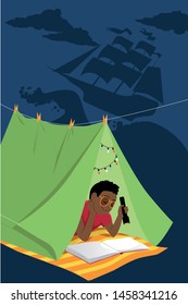 Little black kid reading with a flashlight in a sheet fort, shadow shows pirate ship, EPS 8  vector illustration