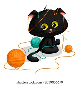 Little black kitten entangled in knitting threads, sitting among the balls and looking with guilty eyes. Cute cartoon character. Vector graphics.