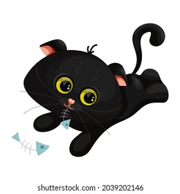 Little black kitten lies on its stomach and eats fish.Cute cartoon character.Vector graphics.