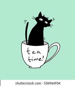 Little black kitten is a true tea lover, he is looking forward for tea party, and hospitably inviting guests to enjoy a delicious hot tea, sitting in an empty cup with tempting inscription "tea time!"