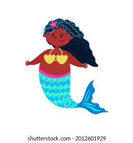 Little Black Mermaid with curly hair. Pretty Afro siren with scales. Cutie Girl with fish tail. Fantastic marine female. Character for kids.