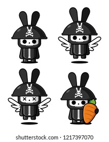 Little black rabbit wearing a helmet and skull mask for kid's illustration.