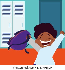 little black schoolboy with schoolbag in school corridor