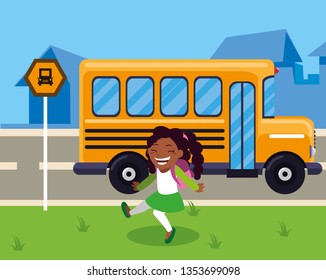 little black schoolgirl with schoolbag in the stop bus