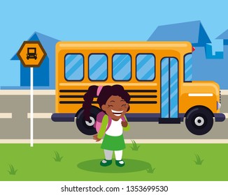 little black schoolgirl with schoolbag in the stop bus