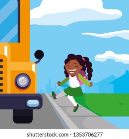 little black schoolgirl with schoolbag in the stop bus