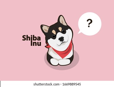 Little Black Shiba Inu with red scarf lay down on the floor and has a question thinking balloon, designing with flat color style. Minimal art but various usage.