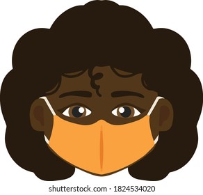 Little black skinned girl face with brown eyes and hair wearing a reusable orange face mask for school illustration element design vector isolated on a white background