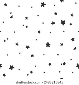 Little black stars. Vector illustration. Starry sky. Cinquefoils. Astronomy. Seamless pattern. Space ornament for background design, packaging, textile, wallpaper