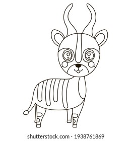 The little black and white cartoon bongo antelope. Isolated horned African contour animal for printing on children's production, coloring book. Vector.