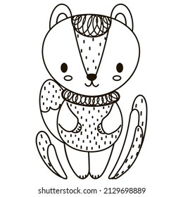 Little black and white cute fox in a  sweater and grass. Lovely isolated outline stylized Scandinavian style cartoon illustration for toddlers coloring book or page. Vector.