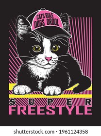 Little black and white kitten with cap and slogan cats rules dogs dool. Print for kids t shirt vector illustration.