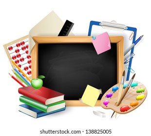 little blackboard as background with pens,pencils,books,apple