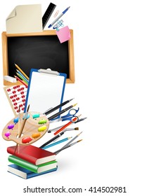 little blackboard border with notepad sheets, color pencils, pens, ruler,art palette, pile of books