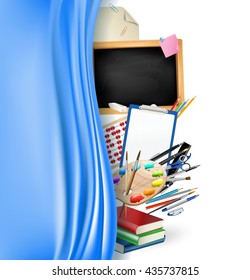 little blackboard border with notepad sheets, color pencils, pens, ruler,art palette, pile of books and silky curtain