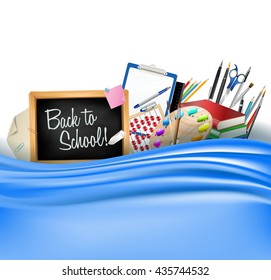 little blackboard border with notepad sheets, color pencils, pens, ruler,art palette, pile of books and silky curtain