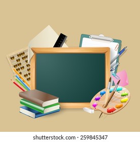 little blackboard with set of stationary tools