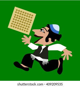 Little black-haired boy in blue yarmulke runs, holding a rectangular unleavened bread. Simple stylized flat illustration isolated on green background.