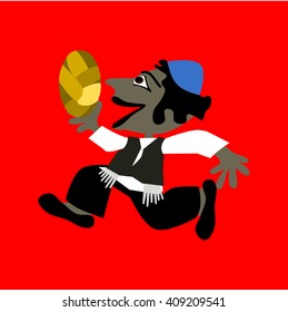 Little black-haired boy in blue yarmulke running and holding a braided bun or bread. Simple flat stylized illustration isolated on red background.