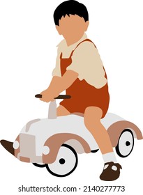 A little black-haired boy in a red overalls sits on a toy car with a steering wheel