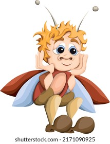 Little blond beetle with red wings sitting in silence and dreaming of his big dream