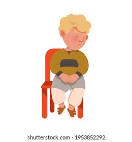 Little Blond Boy Afraid of Punishment Sitting on Chair with Guilty Look Vector Illustration