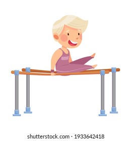 Little Blond Boy Doing Gymnastics on Parallel Bars Vector Illustration