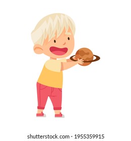 Little Blond Boy Holding Toy Planet Studying Space and Galaxy in Kindergarden Vector Illustration