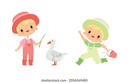 Little Blond Boy in Jumpsuit and Hat at Farm Running with Bucket and with Goose Vector Set