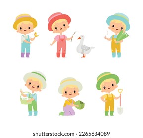 Little Blond Boy in Jumpsuit and Hat at Farm Working in the Garden Vector Set