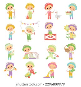 Little Blond Boy in Jumpsuit and Hat at Farm Working in the Garden Big Vector Set