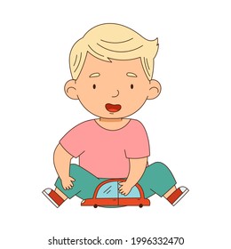 Little Blond Boy Playing with Toy Car Having Fun On His Own Enjoying Childhood Vector Illustration