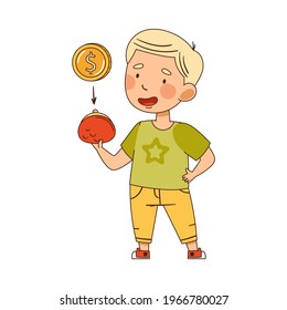 Little Blond Boy Putting Coin in His Purse Vector Illustration