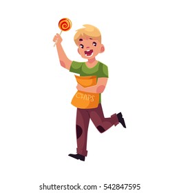 Little blond boy running with pack of chips and lollipop in hands, cartoon vector illustration isolated on white background. Boy running happily