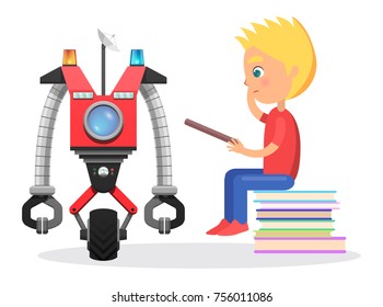 Little blond boy sit on pile of books with direction to robot with satellite, colorful flashers, wheel and round screen isolated vector illustration.