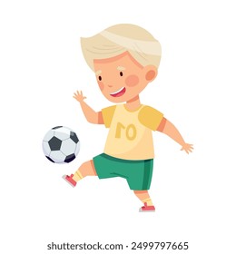 Little Blond Boy in Sports Shirt and Shorts Playing Football Kicking Ball with His Foot Vector Illustration